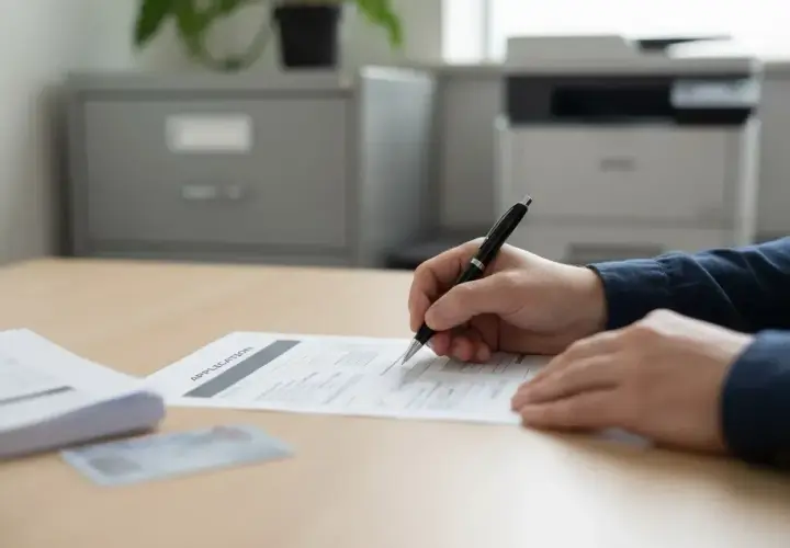 Osoba wypełnia dokumenty, w tym wniosek o duplikat świadectwa pracy. Na biurku leży też stos dokumentów i karta identyfikacyjna.