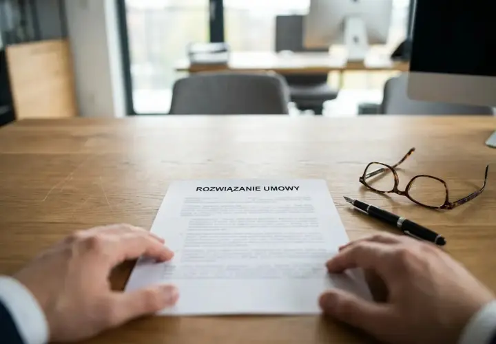 Dłoń nad dokumentem "Rozwiązanie umowy". Obok pióro i okulary. Czas na formalne odstąpienie od umowy.