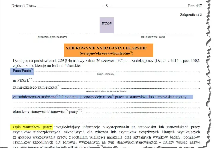 Skierowanie na badania lekarskie, które może być wykonane poza godzinami pracy. Dokument zawiera dane pracownika i opis warunków pracy.