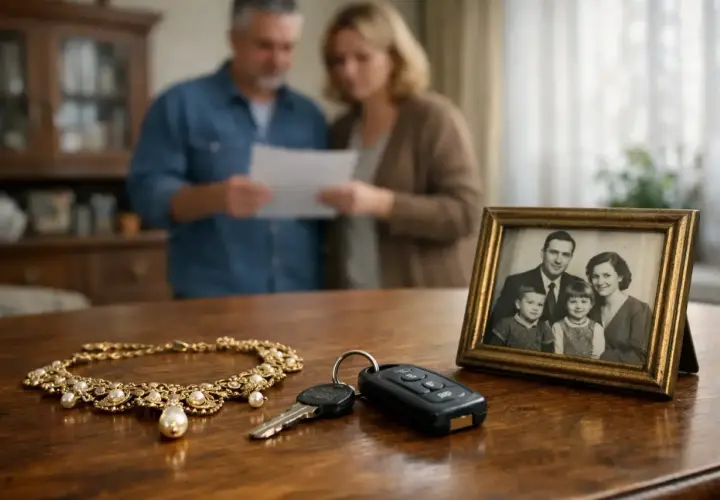 Rodzina analizuje dokumenty, a na stole leżą kluczyki i naszyjnik, symbolizujące wielkość nabywanego udziału w majątku.