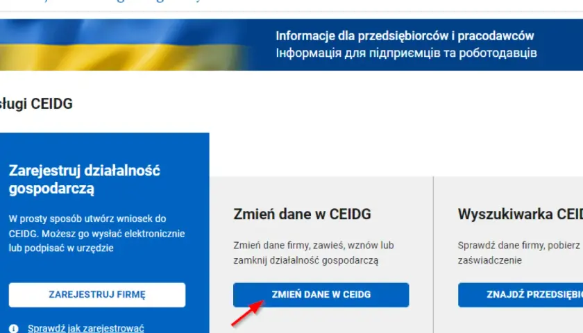 Zmiana adresu działalności gospodarczej w CEIDG. Kliknij "Zmień dane w CEIDG", aby zaktualizować informacje o firmie.