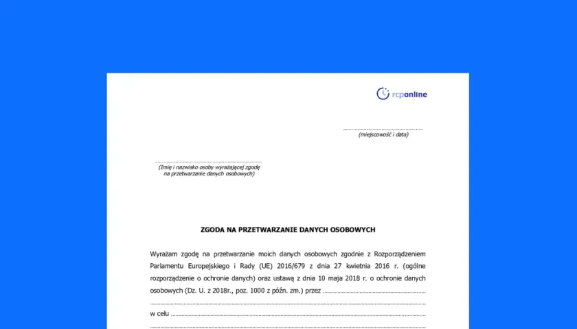 Formularz zgody na przetwarzanie danych osobowych. Wpisz dane do umowy, imię, nazwisko, miejscowość i datę.