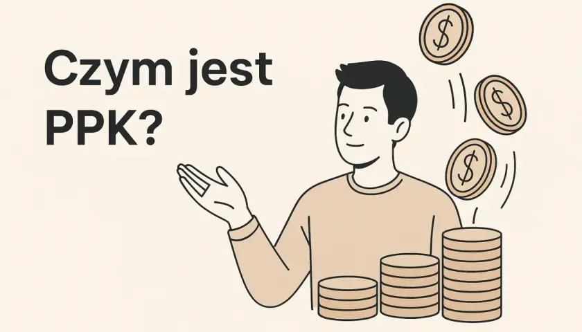 Człowiek z monetami i stosem pieniędzy, zastanawia się: ppk co to? Zwiększ swoje oszczędności!