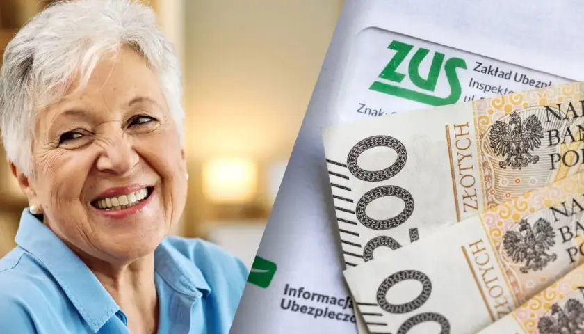 Uśmiechnięta starsza pani obok dokumentów ZUS i banknotów 500 zł. Nowe zasady przejścia na emeryturę tabela.