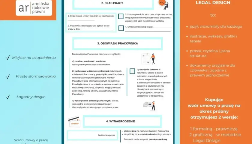 Wzór umowy o pracę na okres próbny w wersji Legal Design. Dokument zawiera sekcje dotyczące czasu pracy, obowiązków pracownika i wynagrodzenia.
