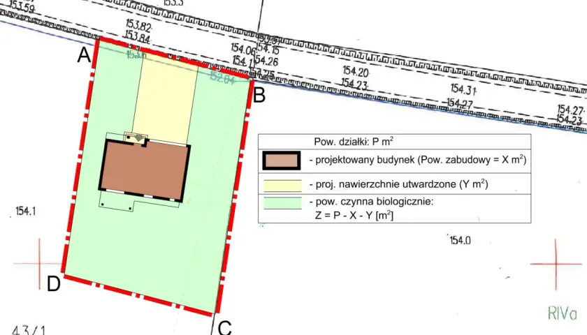 Plan działki z zaznaczonym budynkiem i legendą. Określa warunki zabudowy, co potrzebne do analizy powierzchni biologicznie czynnej.