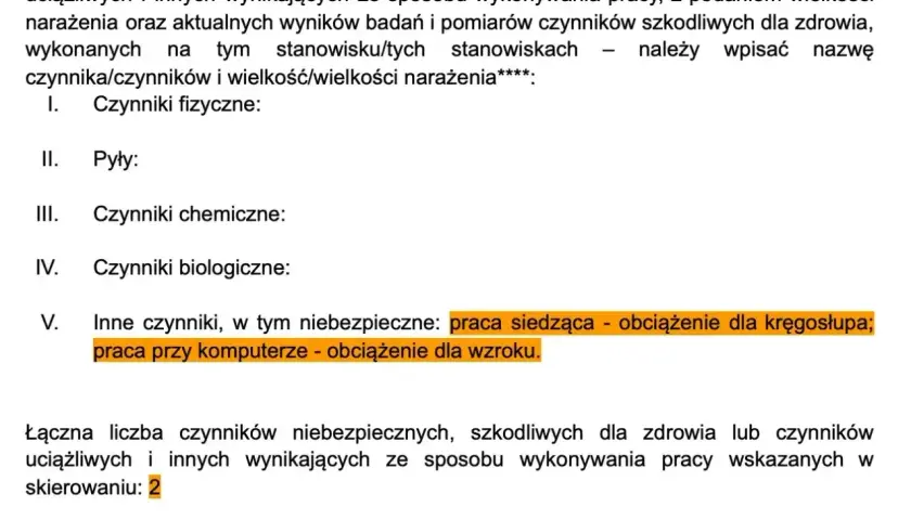 Formularz do badań wstępnych do pracy. Wpisano: praca siedząca, praca przy komputerze.