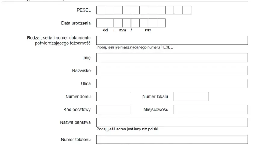 Formularz danych osoby udzielającej pełnomocnictwa, z polami do wpisania PESEL, daty urodzenia, danych adresowych i kontaktu. Przykład wypełnienia druku ZUS.