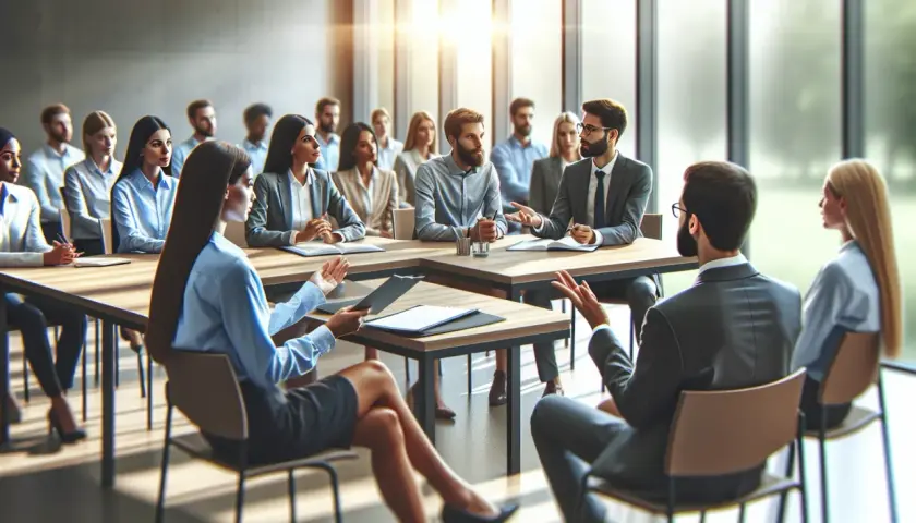 Grupa ludzi na spotkaniu biznesowym, dyskutująca o wypowiedzeniu umowy o pracę.