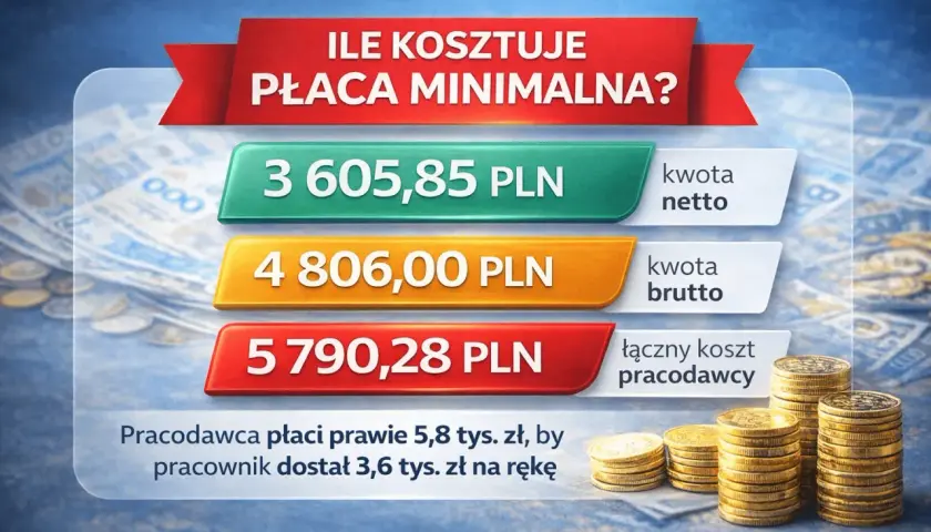 Ile kosztuje płaca minimalna? Netto 3605,85 zł, brutto 4806 zł, koszt pracodawcy 5790,28 zł.