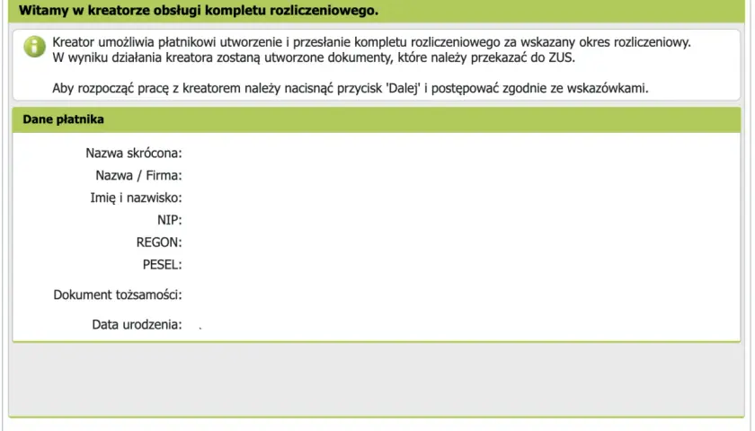 Kreator do obsługi rocznego rozliczenia składki zdrowotnej. Wpisz dane płatnika: nazwę, NIP, REGON, PESEL.