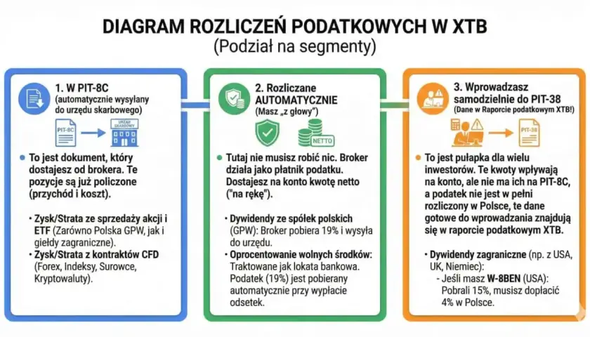 Diagram pokazuje, jak obliczyć podatek dochodowy od inwestycji w XTB: PIT-8C, rozliczenia automatyczne lub samodzielne do PIT-38.