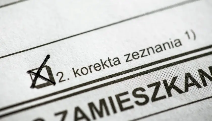 Zaznaczona korekta zeznania (art. 81 ordynacji podatkowej) na druku podatkowym.