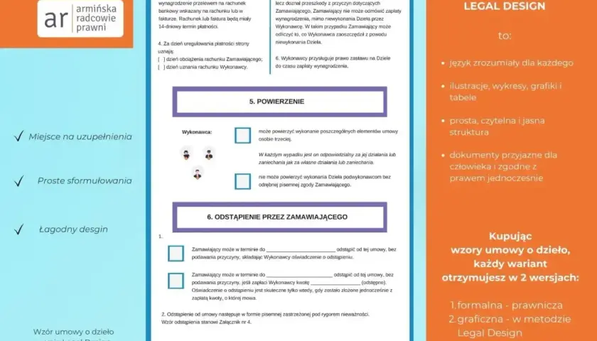 Porównanie umowa zlecenie a umowa o dzieło. Dokumenty w wersji Legal Design są proste, czytelne i zgodne z prawem.