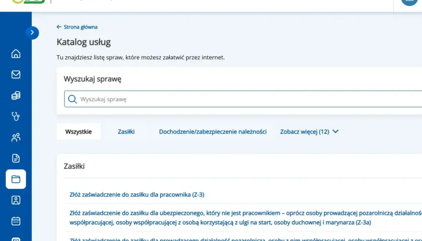 Katalog usług ZUS. Wyszukaj sprawę, np. "zasiłki". Tu znajdziesz listę spraw do załatwienia przez internet.