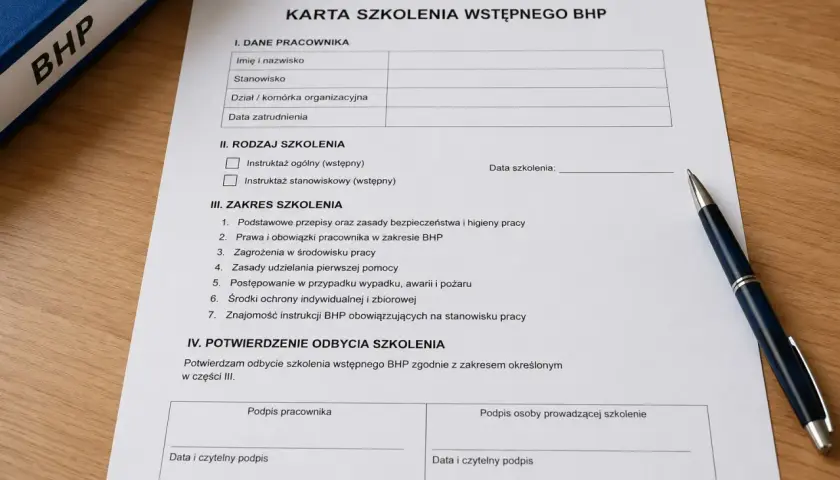 Karta szkolenia wstępnego BHP z polami do wypełnienia danych pracownika, rodzaju i zakresu szkolenia oraz potwierdzenia jego odbycia.