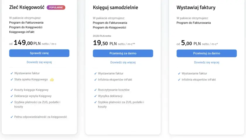 Oferty b2b: Zleć księgowość od 149 zł netto/m-c, księguj samodzielnie od 19,50 zł netto/m-c, wystawiaj faktury od 5 zł netto/m-c.