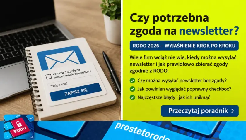 Formularz zapisu na newsletter z polem na e-mail i checkboxem "Wyrażam zgodę na przetwarzanie danych osobowych". Obok tekst o RODO i zgodzie na newsletter.