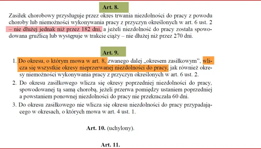 Zasiłek chorobowy przysługuje do 182 dni. Ponowne zwolnienie lekarskie po 182 dniach choroby jest możliwe, gdy przerwa między zwolnieniami nie przekracza 60 dni.