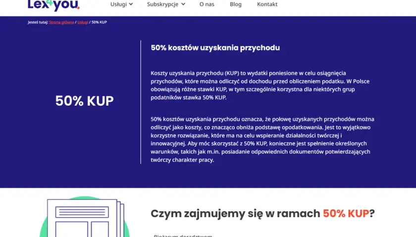 50% kosztów uzyskania przychodu (KUP) to ulga podatkowa dla twórców i innowatorów. Pozwala odliczyć połowę przychodów od dochodu.