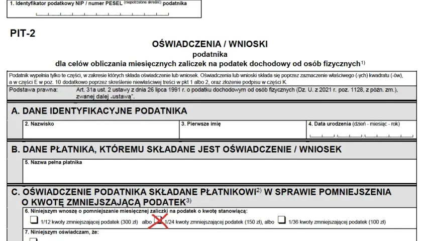 Formularz PIT-2, sekcja C: oświadczenie o pomniejszeniu zaliczki na podatek o kwotę zmniejszającą podatek. Zaznaczono 1/24 kwoty zmniejszającej podatek.