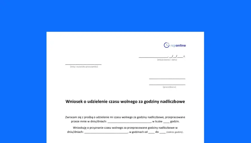 Wniosek o udzielenie czasu wolnego za nadgodziny, zgodny z kodeksem pracy. Formularz do wypełnienia przez pracownika i pracodawcę.