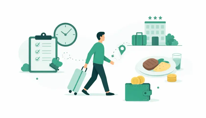 Podróż służbowa: lista zadań, zegar, walizka, hotel, posiłek i portfel z pieniędzmi. Ile wynosi dieta w delegacji?