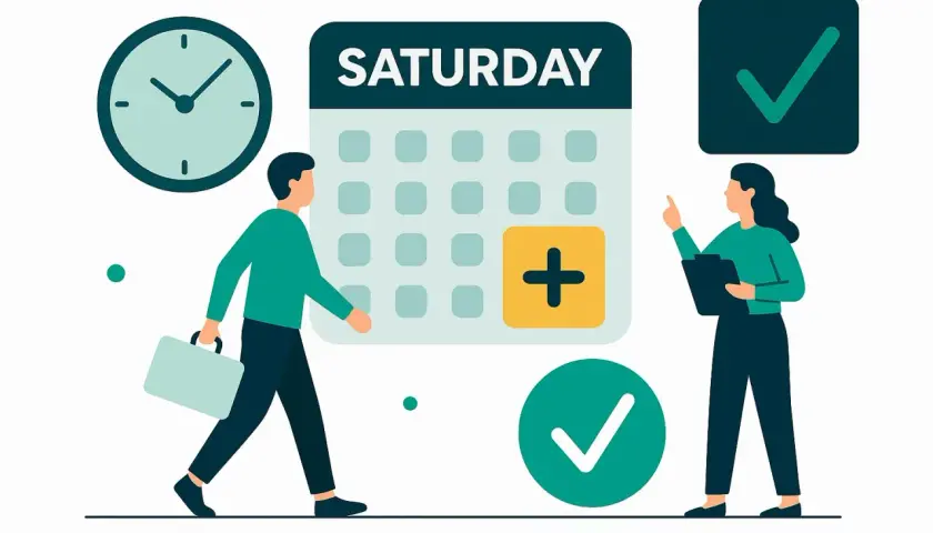 Pracownik z walizką idzie do kalendarza z napisem "SATURDAY" i symbolem plusa. Obok kobieta z notatnikiem wskazuje na zielony znaczek. Ile płatne nadgodziny?