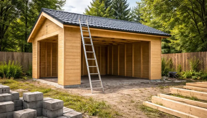Drewniany garaż bez pozwolenia w budowie, z drabiną opartą o ścianę. Wokół materiały budowlane: betonowe pustaki i drewniane belki.