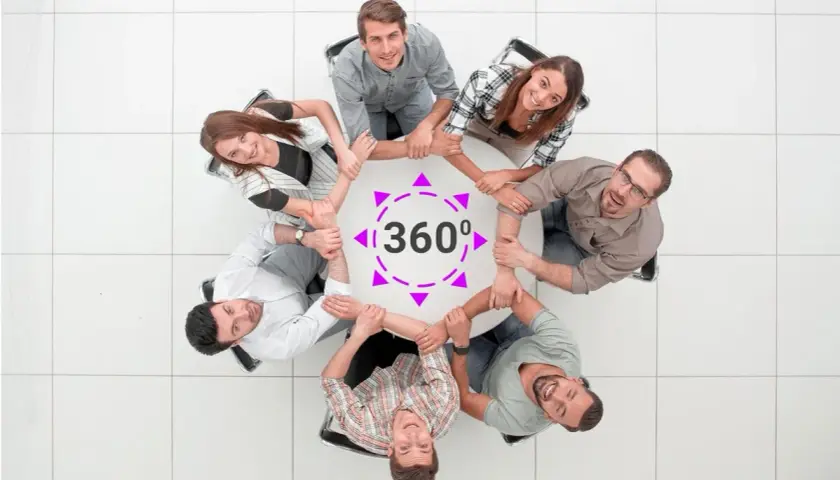 Zespół ludzi trzyma się za ręce, tworząc krąg. Symbol 360° sugeruje kompleksową ocenę lub współpracę.