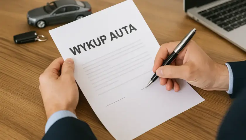 Podpisanie dokumentu wykup auta z leasingu. Na biurku model samochodu, kluczyki i laptop.