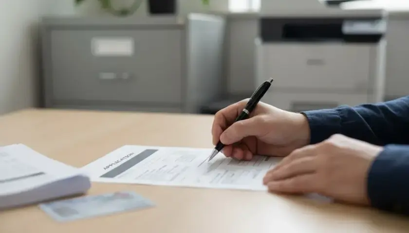 Osoba wypełnia dokumenty, w tym wniosek o duplikat świadectwa pracy. Na biurku leży też stos dokumentów i karta identyfikacyjna.