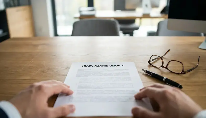 Dłoń nad dokumentem "Rozwiązanie umowy". Obok pióro i okulary. Czas na formalne odstąpienie od umowy.