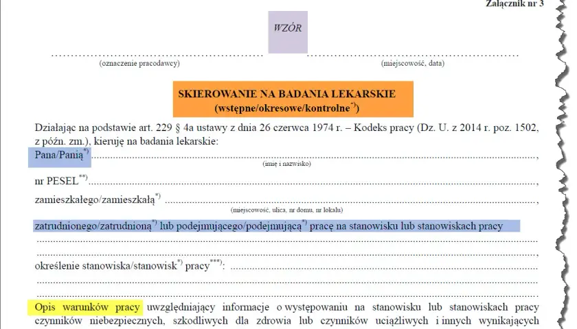 Skierowanie na badania lekarskie, które może być wykonane poza godzinami pracy. Dokument zawiera dane pracownika i opis warunków pracy.