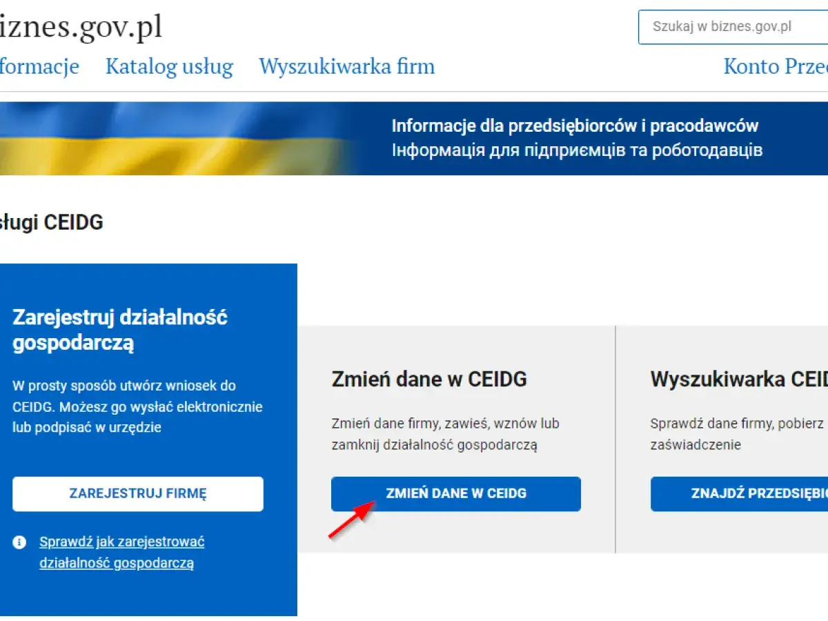 Zmiana adresu działalności gospodarczej w CEIDG. Kliknij "Zmień dane w CEIDG", aby zaktualizować informacje o firmie.