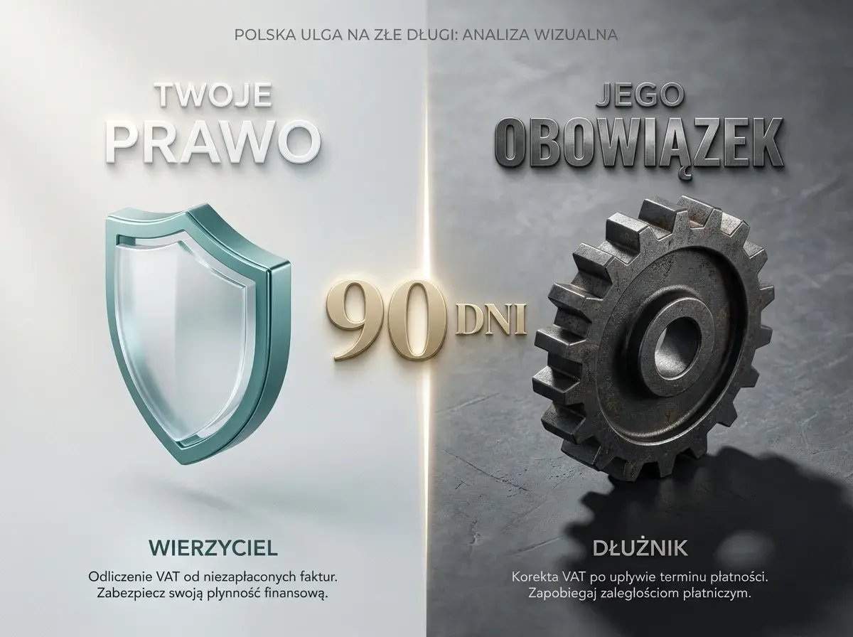 Tarcza symbolizuje prawo wierzyciela do ulgi na złe długi. Po 90 dniach od terminu płatności, można odliczyć VAT, chroniąc płynność finansową.