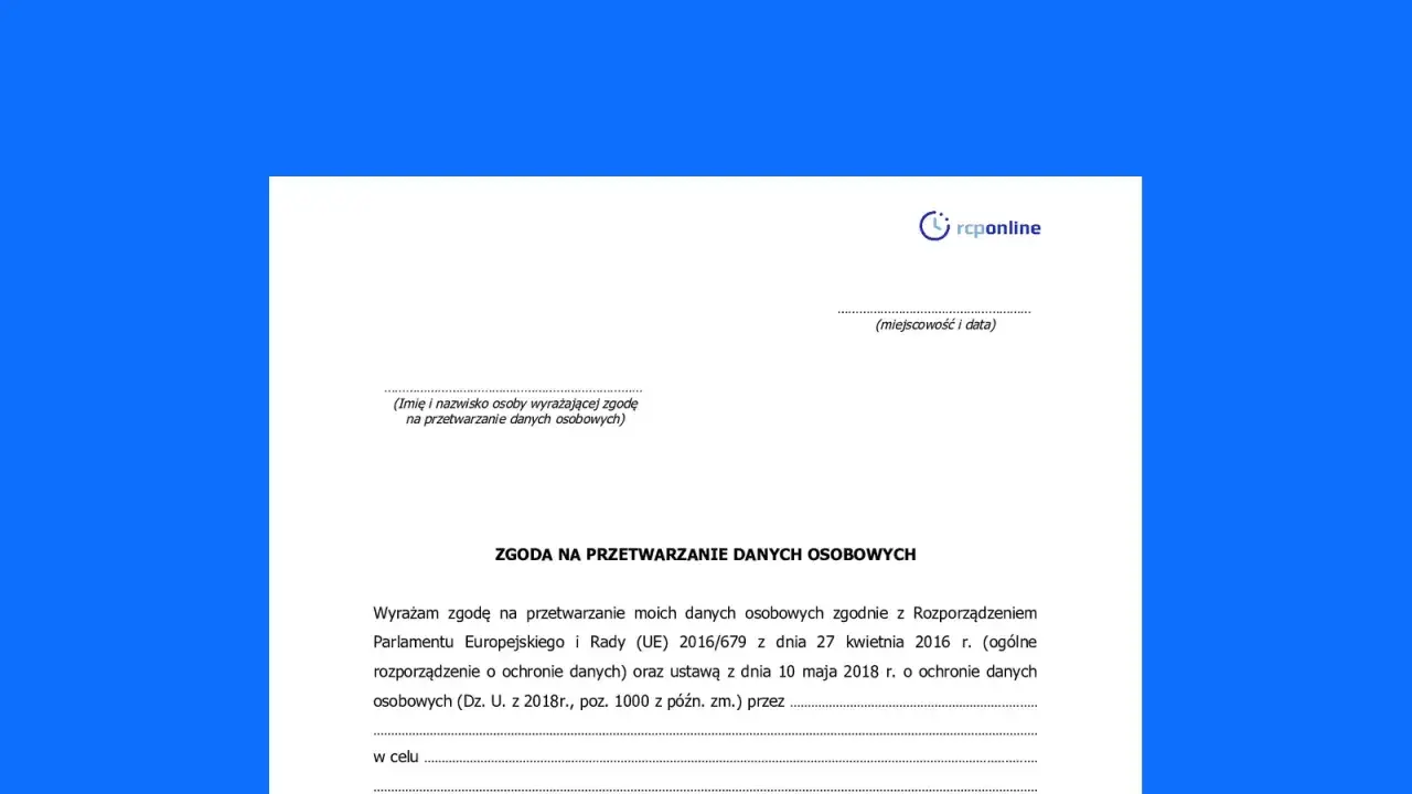 Formularz zgody na przetwarzanie danych osobowych. Wpisz dane do umowy, imię, nazwisko, miejscowość i datę.
