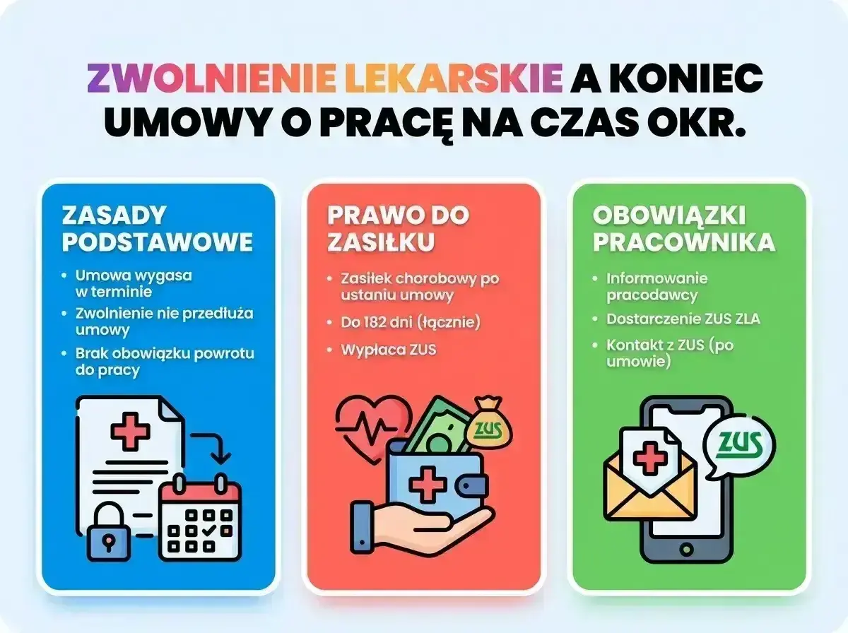 Zwolnienie lekarskie a koniec umowy o pracę na czas określony. Zasady, prawo do zasiłku i obowiązki pracownika.