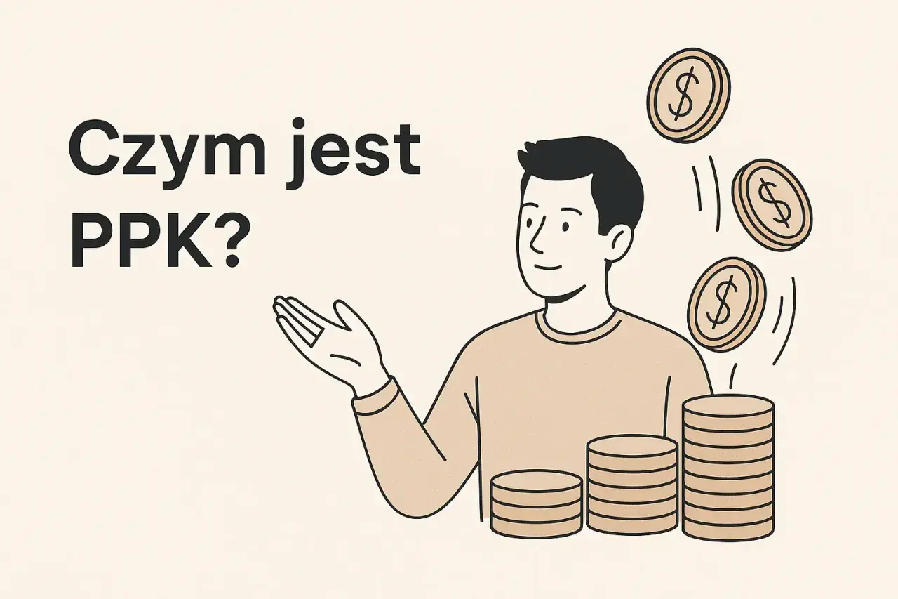 Człowiek z monetami i stosem pieniędzy, zastanawia się: ppk co to? Zwiększ swoje oszczędności!