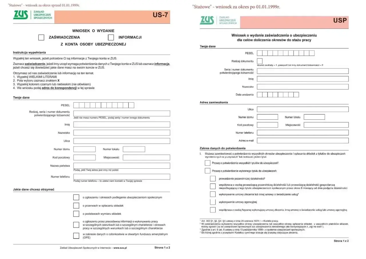 Wniosek US-7 ZUS: przykład wypełnienia formularza o wydanie zaświadczenia lub informacji z konta ubezpieczonego.
