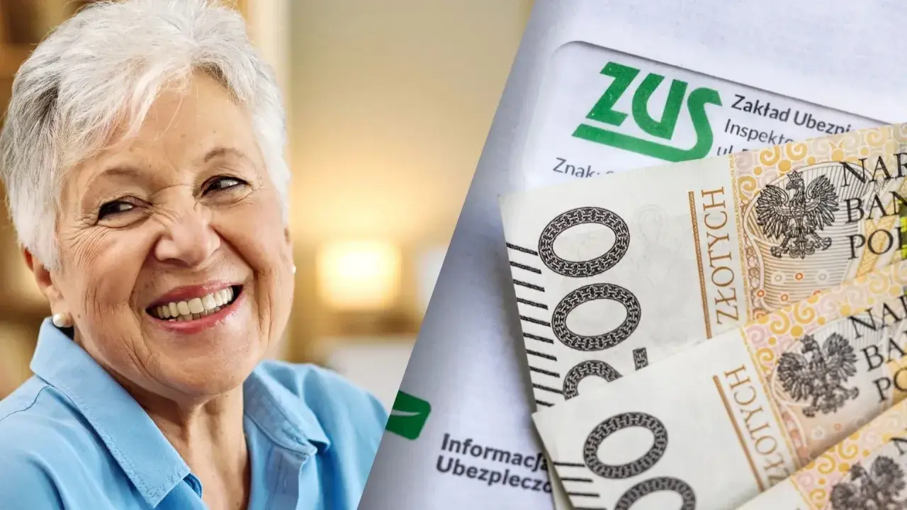 Uśmiechnięta starsza pani obok dokumentów ZUS i banknotów 500 zł. Nowe zasady przejścia na emeryturę tabela.