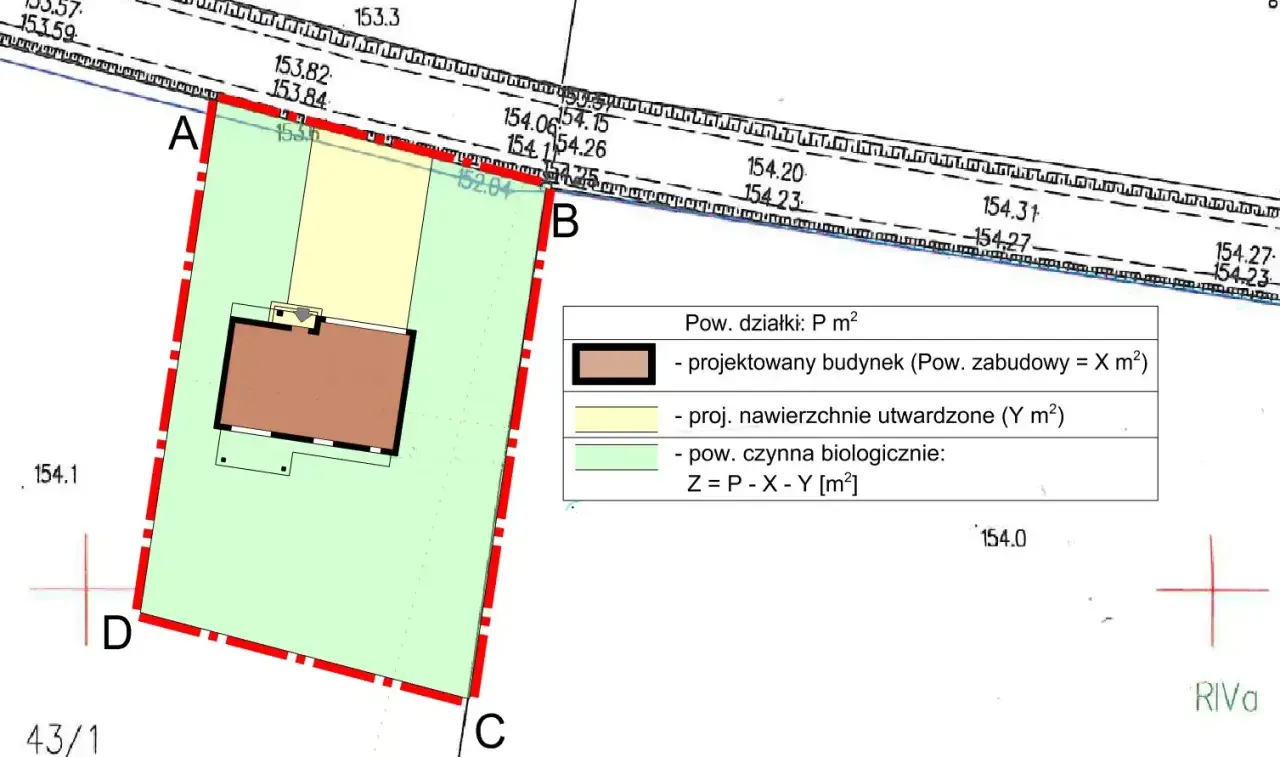 Plan działki z zaznaczonym budynkiem i legendą. Określa warunki zabudowy, co potrzebne do analizy powierzchni biologicznie czynnej.