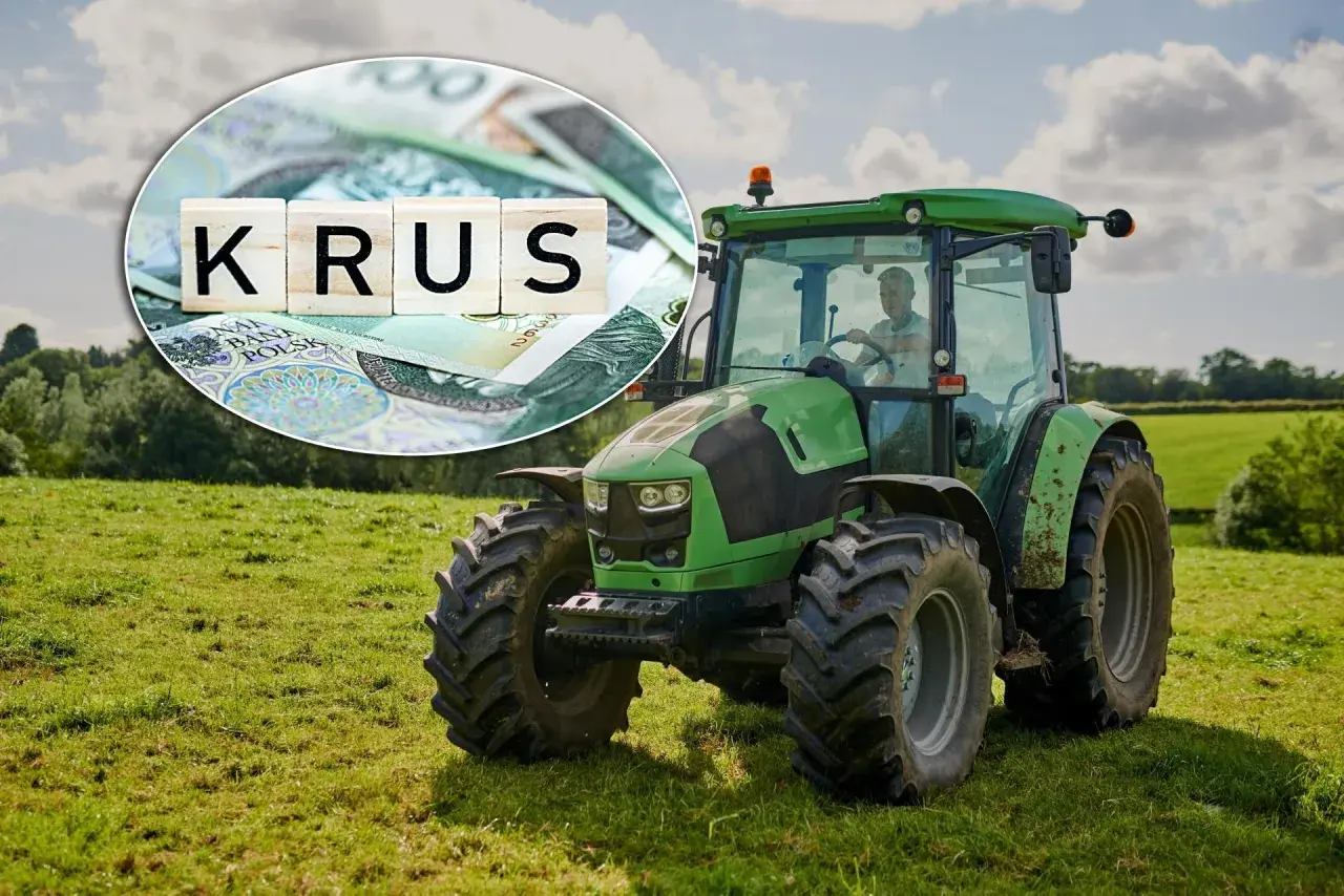 Nowe zasady KRUS zapewniają prawo do emerytury rolniczej. Zielony traktor na polu symbolizuje ciężką pracę rolnika.