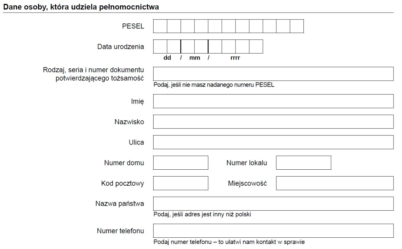 Formularz danych osoby udzielającej pełnomocnictwa, z polami do wpisania PESEL, daty urodzenia, danych adresowych i kontaktu. Przykład wypełnienia druku ZUS.