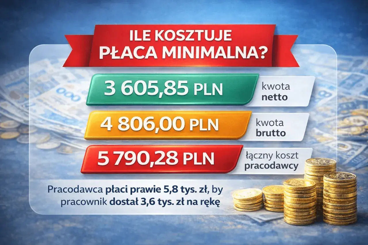 Ile kosztuje płaca minimalna? Netto 3605,85 zł, brutto 4806 zł, koszt pracodawcy 5790,28 zł.