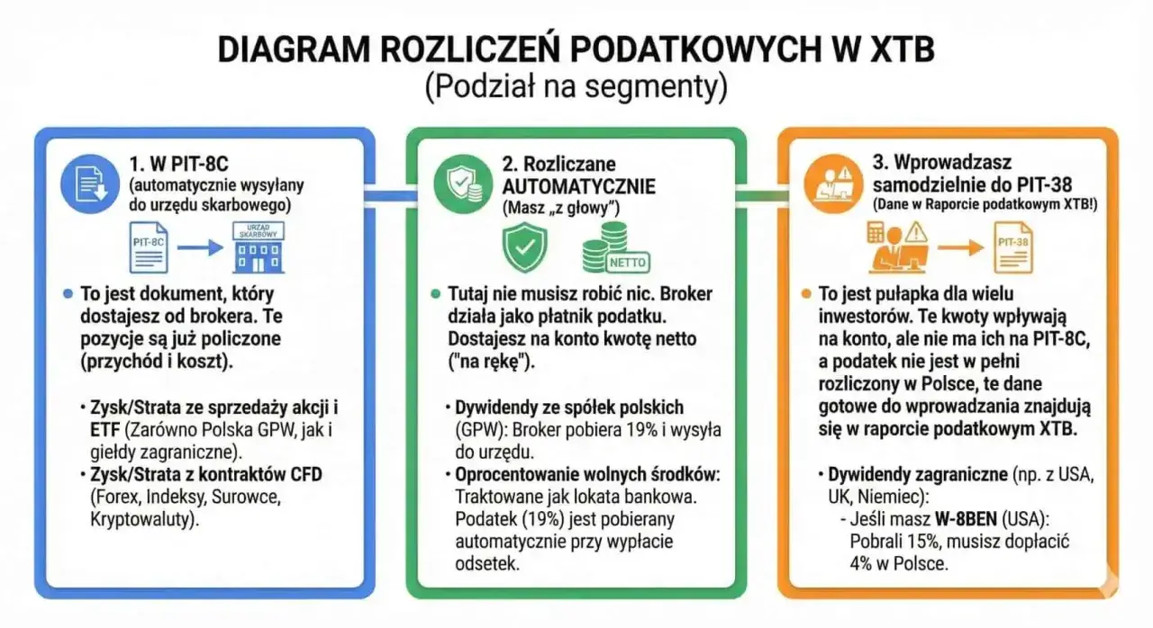 Diagram pokazuje, jak obliczyć podatek dochodowy od inwestycji w XTB: PIT-8C, rozliczenia automatyczne lub samodzielne do PIT-38.