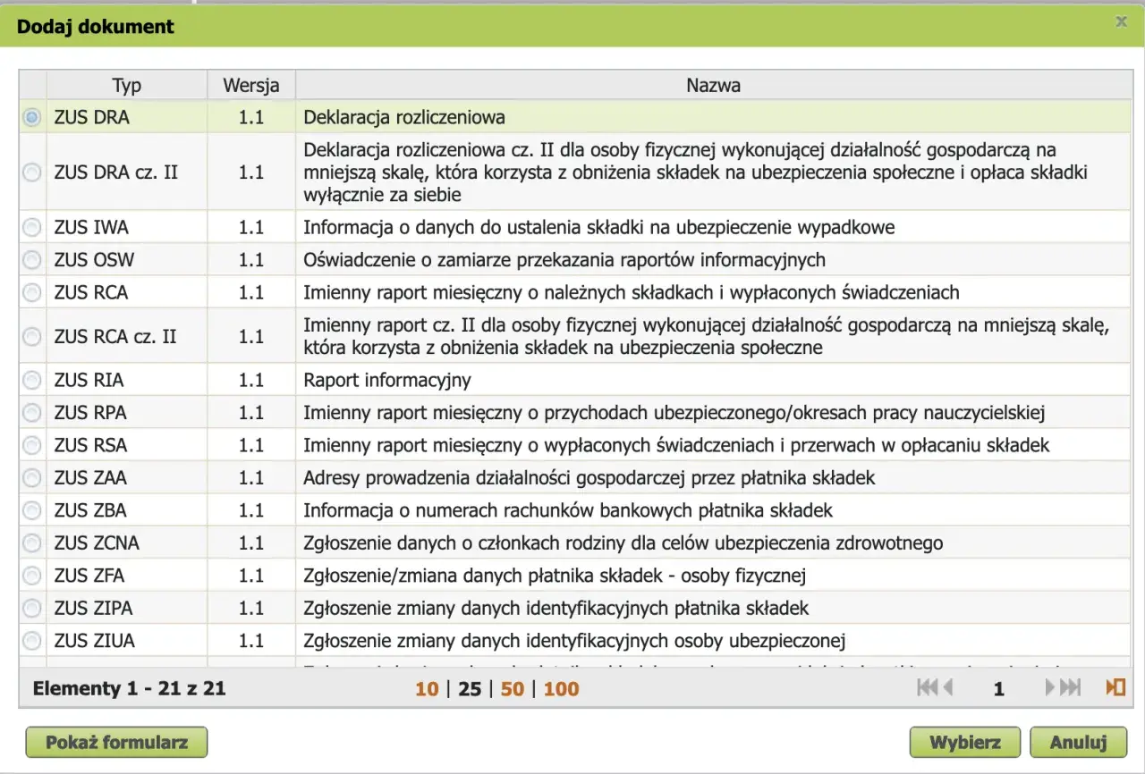 Wybierz formularz ZUS DRA, aby wypełnić deklarację rozliczeniową.