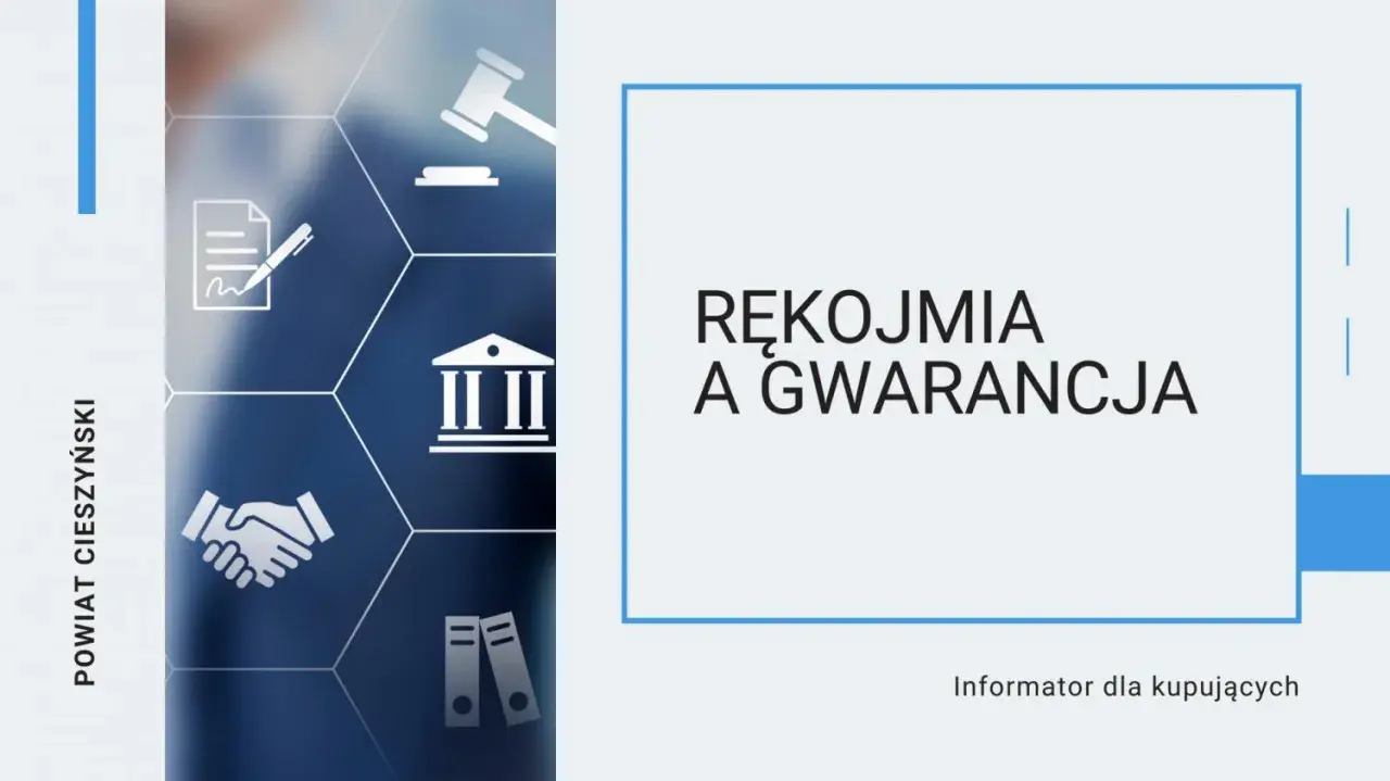 Grafika przedstawia ikonografię związaną z prawem i umowami, z hasłem "Rękojmia a gwarancja" na środku. Informator dla kupujących.