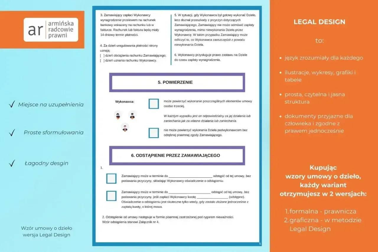 Porównanie umowa zlecenie a umowa o dzieło. Dokumenty w wersji Legal Design są proste, czytelne i zgodne z prawem.