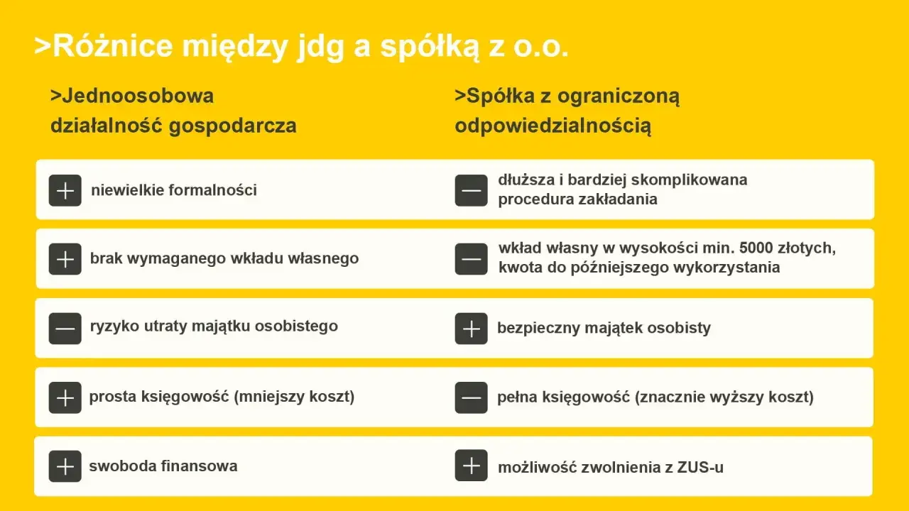 Porównanie JDG i spółki z o.o.: wady i zalety. JDG ma mniej formalności, spółka z o.o. chroni majątek osobisty.